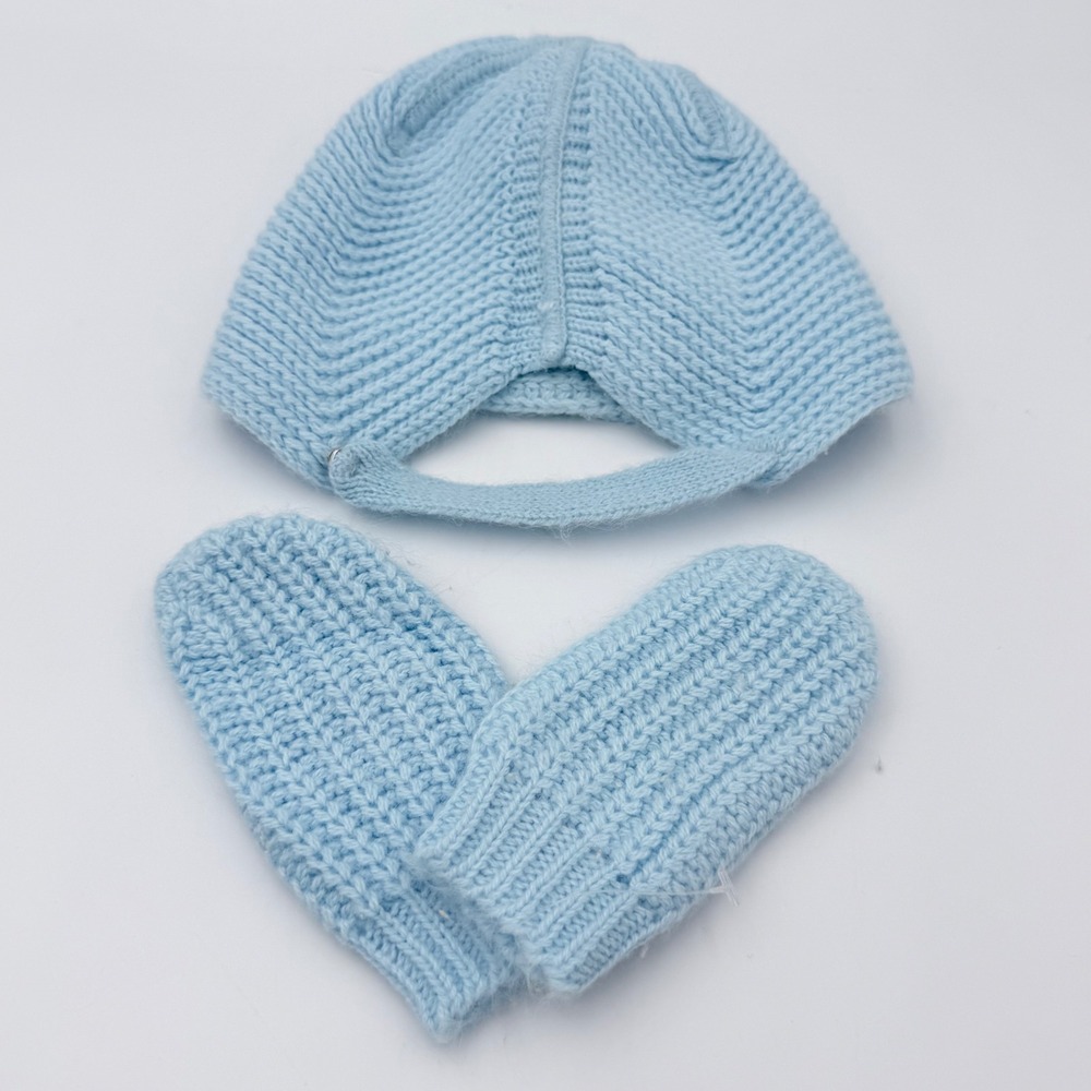 Hand Knit Baby Bonnet Mitten Set Blue Newborn Infant‎ Vintage Style